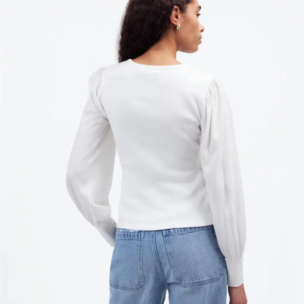 Madewell Ribbed Puff‎ Sleeve Top White Long Sleeve S Cotton